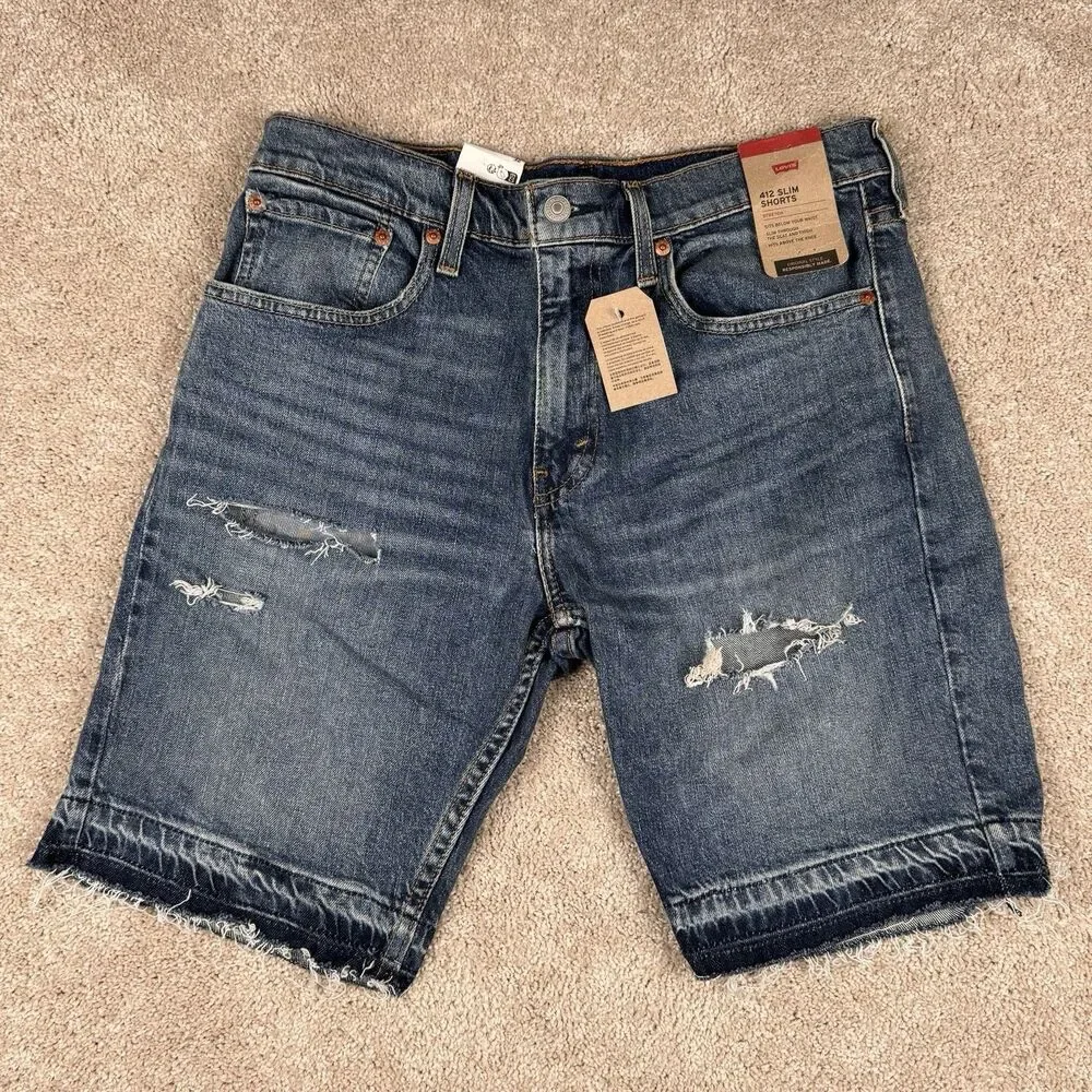 Levi's 412 Jean Shorts NWT New Slim Fit Distressed Ripped Denim Blue Men's 32 9